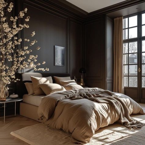 Chocolate Brown Bedrooms, Chocolate Bedroom, Dark Brown Bedrooms, Male Bedroom Ideas, Brown Rooms, Moody Bedroom, Dark Bedroom, Modern Luxury Bedroom, Brown Bedroom