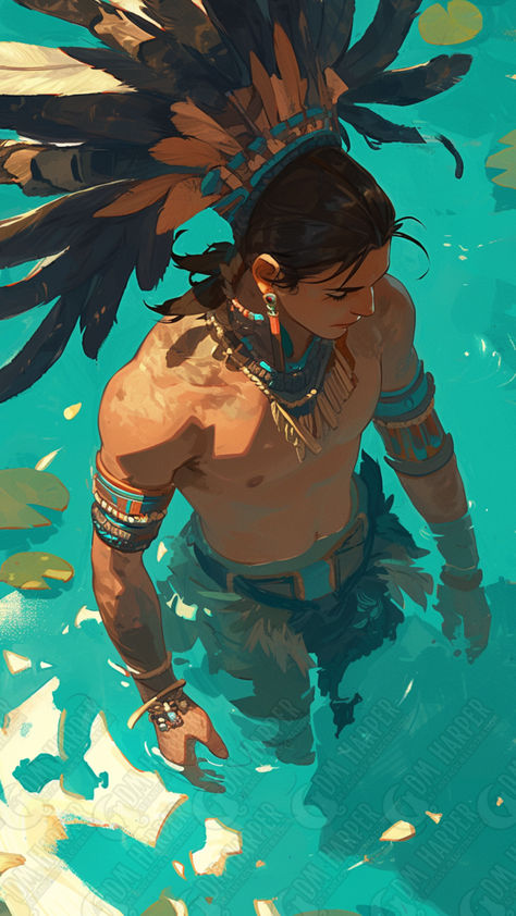 Aztec Eagle Knight bathing Aztec Warrior Art Male, Aztec Oc, Aztec Character Design, Aztec Character, Aztec Warrior Art, Aztec Illustration, Aztec City, Mesoamerican Art, Aztec Gods