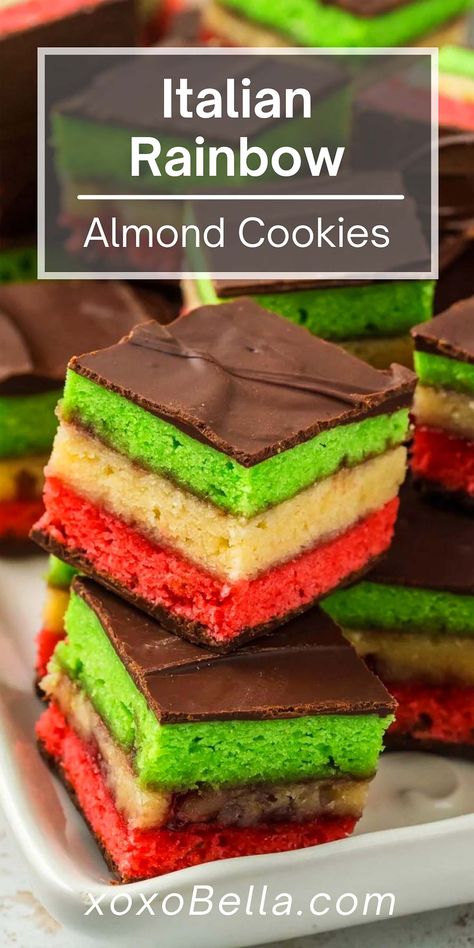 If you're looking for a cute cookie recipe, these Italian rainbow cookies might just fit the bill perfectly. They're also known as tri-color or tricolore cookies or Italian flag almond cookies since they reflect the red, white and green of Italy's flag. Rainbow cookies are easy to make and they look really special, so consider making Italian rainbow cookies for the holidays whether or not you're Italian. 7 Layer Cookies, Rainbow Cookies Recipe, Festive Cookie Recipes, Italian Rainbow Cookies, Italian Christmas Cookies, Gluten Free Christmas, Rainbow Cookies, Almond Paste, Italian Christmas