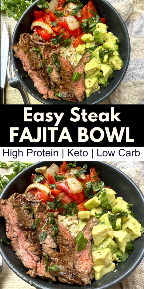 Images of steak fajita bowls with cauliflower rice and avocado High Protein Meals Muscle, High Protein Quick Dinner, Healthy Dinner Recipes No Carb, Healthy Dinner Recipes For Family Low Carb, High Protein Bowls Low Carb, Carb Free Dinner, Healthy Steak Dinner Recipes, No Carb Meals Dinners, Low Carb Dinner Recipes For Family