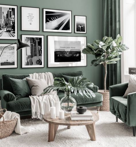 Wall Music Posters, Gallery Wall Music, White Gallery Wall, Sage Green Living Room, Black And White Living Room, Gallery Wall Inspiration, Black Living Room, Stunning Interior Design, Green Interior