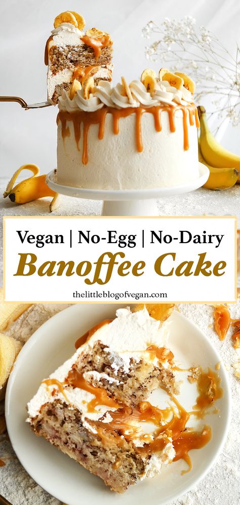 Tall Pinterest pin of a vegan banoffee cake. Vegan Cake Ideas, Moist Vegan Cake, Vegan Poke Cake, Vegan Cakes Easy, Dairy Free Cake Filling, Vegan Black Forest Cake, Vegan Recipes Baking, Vegan Banana Cake Recipe, Vegan Cakes Recipe