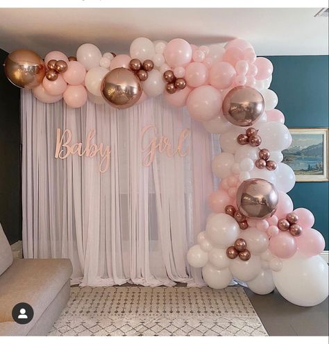 Balloon Arch Curtain Backdrop, Balloon Arch Picture Backdrop, Ballon Arch Decor, Sheer Curtain Backdrop With Balloons, Backdrop With Curtains And Balloons, Back Drop With Ballons, Pink And Gold Balloon Arch Backdrop, Rose Gold Balloon Arch Backdrop, Baby Pink Balloon Garland