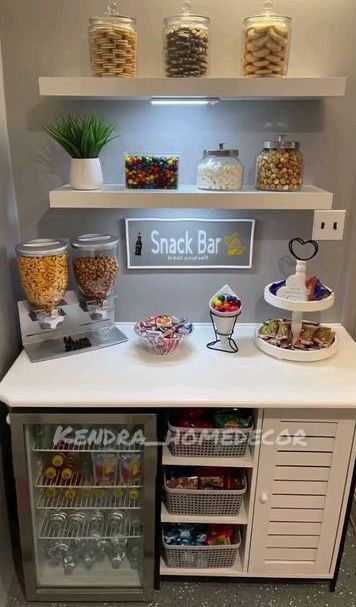 Snack Shelf Ideas, Office Snack Station Ideas, Office Snack Bar, Snack Bar Design, Snack Bar Ideas Home, Snack Bar Ideas, White Storage Cabinet, Hangout Room, Movie Room Decor