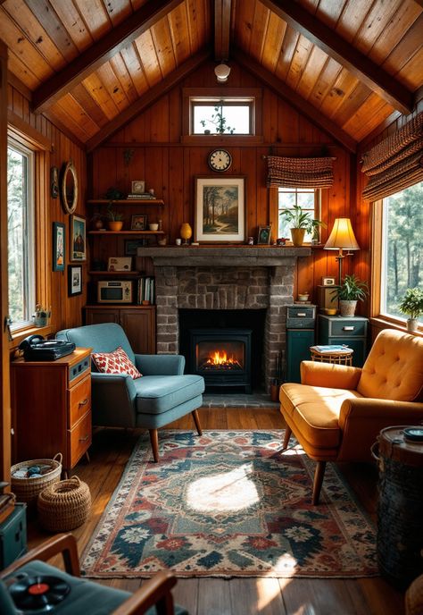 Small Cabin Interior Ideas Hygge Cabin Interior, Ranch Cabin Interior, Comfy Cabin Aesthetic, Maximalist Cabin Decor, Antique Cabin Decor, Cabincore Interior Design, Cozy Living Room Cabin, Bright Cabin Decor, Knotty Pine Cabin Interior