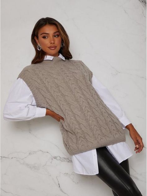 Chi Chi London Longline Sleeveless Knitted Jumper - Cream | very.co.uk Knit Gilet, Sleeveless Knitted Vest, Vest Jumper, Cable Knitwear, Leggings And Heels, Cable Knit Vest, Going Out Looks, Jumper Outfit, Sleeveless Jumper