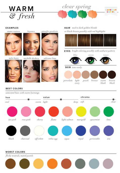 Best & Worst Colors for Spring, Seasonal Color Analysis Spring Skin Tone, Clear Spring Palette, Spring Skin, Boho Chique, Clear Spring, Spring Palette, Spring Color Palette, Deep Autumn, Seasonal Color Analysis