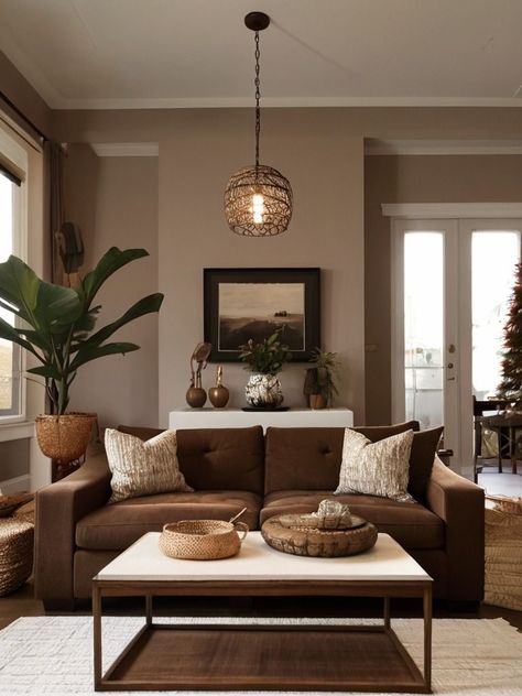 White Living Room Brown Furniture, Brown Color Living Room Ideas, Top Of Couch Wall Decor, Sofa Brown Living Room, Interior Design Living Room Brown, Tan Wall Living Room, Dark Brown Living Room Ideas, Dark Brown Couch Decor, Dark Beige Couch