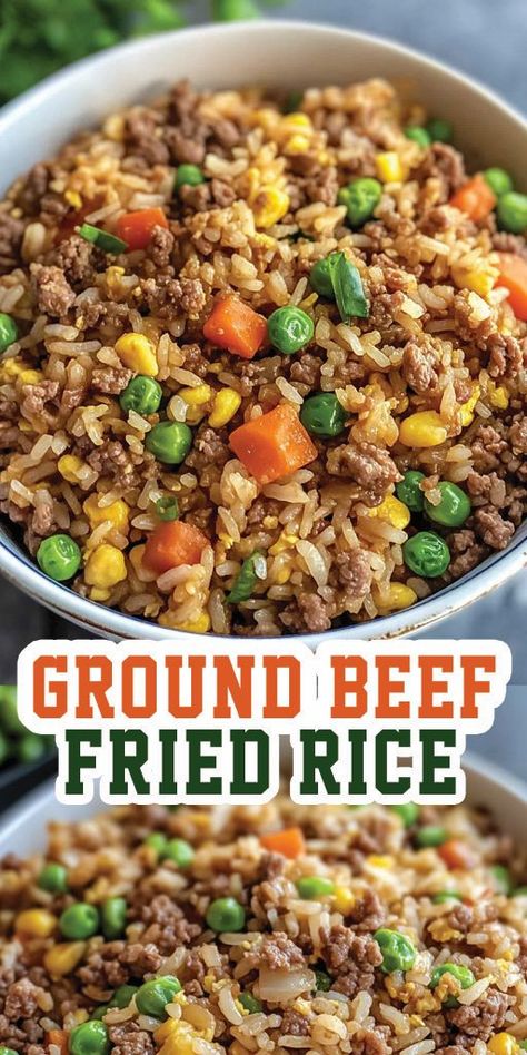 Ground Beef Fried Rice Ingredients: 1 lb ground beef 3 cups cooked rice (day-old rice works best) 2 tablespoons vegetable oil 1 onion, diced 2 cloves garlic, minced 1 cup frozen peas and carrots mix 2 eggs, beaten 3 tablespoons soy sauce 1 tablespoon oyster sauce (optional) 1 tablespoon sesame oil Salt and pepper to taste 2 green onions, sliced for garnish #groundbeef #easyrecipes #camilarecipes Ground Beef Fried Rice Recipe, Ground Beef Fried Rice, Hamburger And Rice Recipes, Fried Rice Ingredients, Frozen Peas And Carrots, Rice Dishes Recipes, Beef Fried Rice, Fried Rice Recipe Easy, Ground Beef Rice