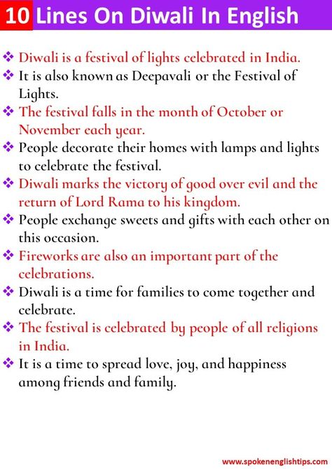 In this post, I gonna share with you “10 Lines On Diwali In English For Class ... Continue reading... Diwali Paragraph In English, Diwali Homework, Information About Diwali, Diwali Essay For Kids, Diwali Essay In English, Essay On Diwali, Diwali Poem, Diwali Facts, Diwali Craft For Children