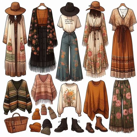 Casual Boho Fall Outfits, Vikingcore Outfits, Boho Outfits For Winter, 70s Granola Aesthetic, Ethereal Boho Aesthetic, Vintage Boho Style Outfits, Funky Boho Outfits, Hippie Christmas Outfit, Warm Boho Outfits