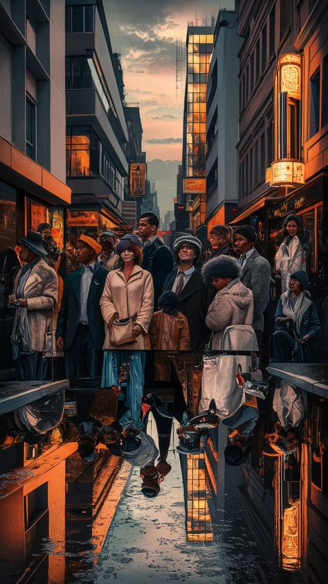 Immerse yourself in the dynamic atmosphere of this urban street photography print, capturing the essence of city life at dusk. With a perfect blend of light and shadow, enjoy diverse figures, modern and classic architecture, and reflections that evoke Impressionist art. Experience the spontaneity of the moment through neon signs and warm street lamps. #StreetPhotography #UrbanLife #ArtDeco #Bauhaus #CityScenes Urban Street Photography, Art Experience, Classic Architecture, Street Lamp, Urban Street, Impressionist Art, Urban Life, City Life, Light And Shadow