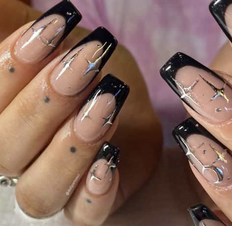 Black Nail Design Square, Black French Tip Nails Square With Charms, Witchy French Tip Nails, Square Witchy Nails, Black French Tip Nails Sparkle, Black Nail Designs French, Black Sparkling Nails, Glam Black Nails, Sparkle Nails Black