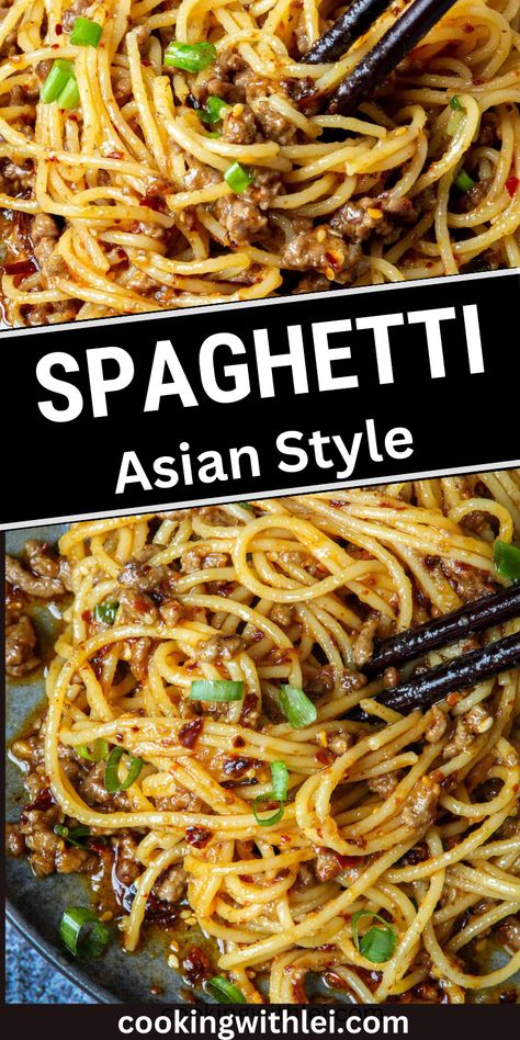 Bored of the red tomato sauce pasta? Try these Asian-style ground beef spaghetti Ground Beef Spaghetti, Beef Spaghetti, Tomato Sauce Pasta, Asian Noodle Dishes, Asian Noodle Recipes, Noodle Recipes Easy, Chinese Cooking Recipes, Sauce Pasta, Easy Chinese Recipes