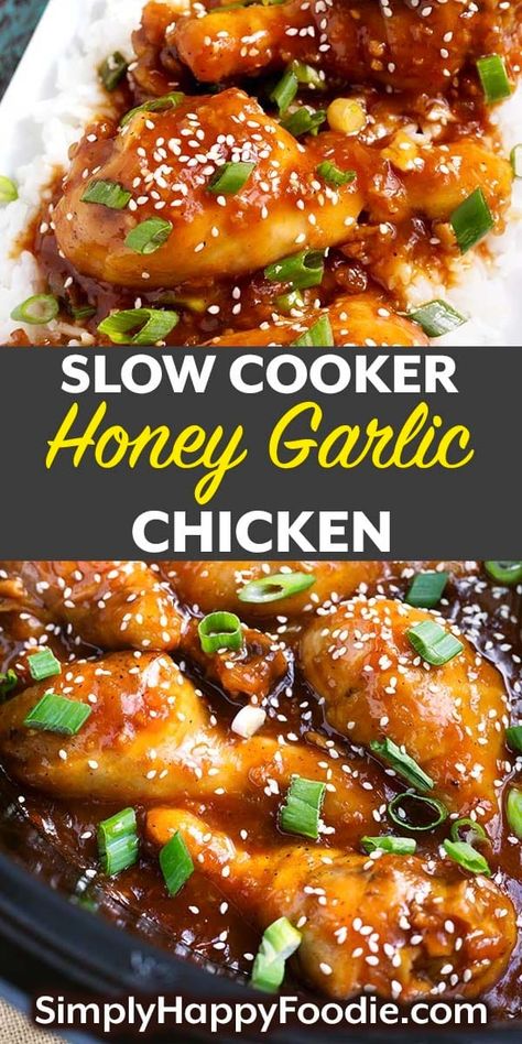 Slow Cooker Honey Garlic Chicken is a sweet and savory Asian inspired chicken recipe. This delicious slow cooker chicken recipe has lots of honey and garlic, as well as other yummy ingredients. This crock pot honey garlic chicken recipe is done in just a few hours! simplyhappyfoodie.com Honey Garlic Chicken Crock Pot, Chicken Thighs Slow Cooker Recipes, Honey Chicken Crockpot, Crock Pot Honey Garlic Chicken, Asian Inspired Chicken, Garlic Chicken Crockpot, Garlic Chicken Slow Cooker, Sweet Garlic Chicken, Slow Cooker Chicken Recipe