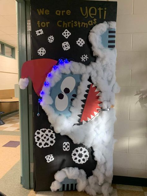 Holiday Doors For School, Rudolph Christmas Door Decorating Contest, Yeti For Christmas Door, Elementary Holiday Door Decorating Ideas, Winter Classroom Door Decorating Contest, Door Decorations Classroom Christmas Fun, Christmas Theme Board Ideas, Island Of Misfits Door Decorations, Fun Christmas Door Decorations