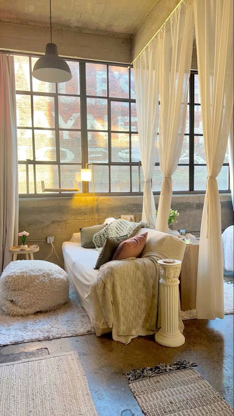 Studio Bedroom Decor Ideas, Seattle Studio Apartment, San Francisco Studio Apartment, Studio Apartment Privacy Ideas, Studio Apartment Vibes, Studio Apartment Curtain Divider, Dream Studio Apartment, Beds For Studio Apartments, Studio Apartment Separation Ideas