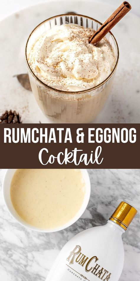 This creamy RumChata eggnog cocktail is an easy holiday drink to make for Christmas. It’s made with only 2 ingredients, and can be easily customized with optional add-ins. Cocktails With Eggnog, Eggnog Drinks Alcohol, Rumchata Shots Recipes, Rumchata Christmas Drinks, Easy Christmas Drinks Alcohol, Rumchata Christmas Cocktails, Peppermint Rum Chata Drinks, Drinks With Rumchata, Eggnog Cocktails