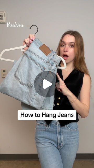 PureWow on Instagram: "How to hang jeans, the right way. 😉👖 Send this to someone who needs this hack for their closet!   #hacks #howtohangjeans #hangingjeans #foldingjeans" Pants On Hanger Hack, How To Put Jeans On A Hanger, Hanging Up Jeans In Closet, How To Hang Blue Jeans In Closet, Jean Hanging Hack, Ways To Hang Jeans In Closet, Hanging Jeans Hack, Hanging Jeans On Hanger, How To Fold Jeans On Hanger