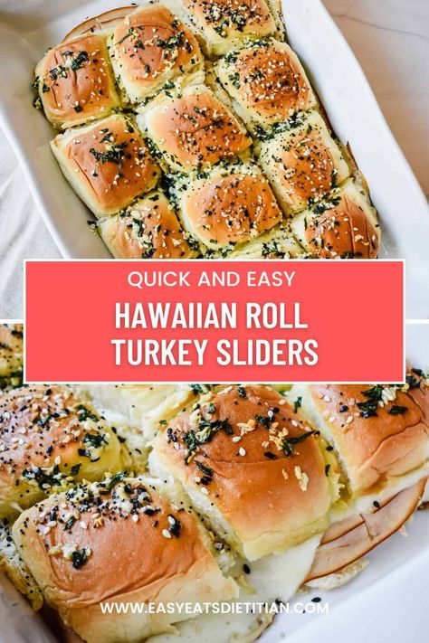 My Hawaiian roll turkey sliders are not only absolutely delicious but so easy to throw together, making them an irresistible addition to any gathering. These sliders feature tender slices of turkey and melted cheese nestled between soft and fluffy Hawaiian rolls and topped with an herby butter sauce. These rolls are perfect for potluck parties, family dinners, or a quick and delicious meal any time! #appetizer #lunch #quicklunch #potluck #fourthofjulyfood #easylunch Hawaiian Rolls Sandwiches Slider Recipes, Easy Hawaiian Roll Sandwiches, Turkey Sandwich Hawaiian Rolls, Sandwich Platter Recipes, Gawain Roll Sandwiches, Turkey Melt Sliders, Easy Turkey Sliders Hawaiian Rolls, Hawaiian Roll Hot Sandwiches, Garlic Hawaiian Roll Sliders