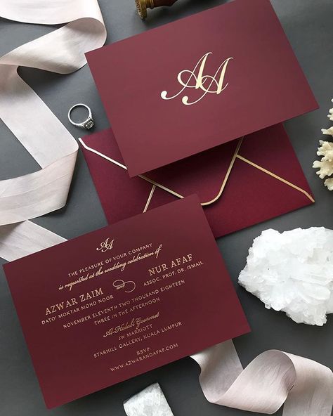 Kad Perkahwinan, Burgundy Invitations, Simple Wedding Cards, Monogram Invitation, Sf Wedding, Simple Henna Tattoo, Monogram Wedding Invitations, Get Lucky, Wedding Venue Decorations