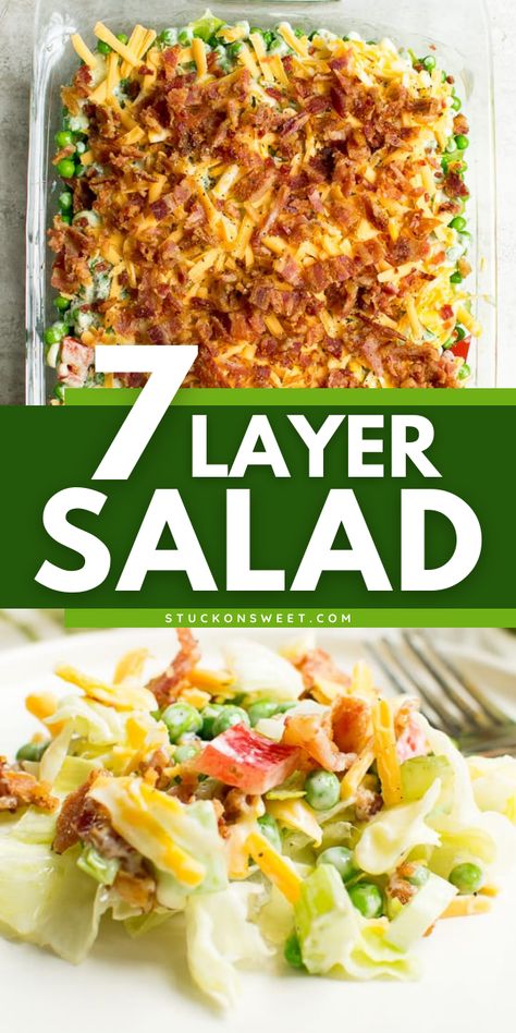 Nothing beats the classic 7 Layer Salad! Loaded with lettuce, veggies, and more, this layered salad is a perfect addition to your 4th of July food. Save this summer salad recipe and enjoy this side dish idea! Salad Casserole, 7 Layer Salad Thanksgiving, Layered Lettuce Salad, Cold Side Salad Recipes, 5 Layer Salad Recipe, Summer Lettuce Salads, Best 7 Layer Salad, Easy 7 Layer Salad, Veggie Side Dishes Cold