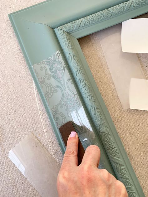 Picture Frame Repainting, Changing A Mirror Frame, Large Wall Mirror Redo, Painting Wooden Mirror Frame, Paint Plastic Mirror Frame, Mirror Frame Makeover Paint, Picture Frame Redo Ideas, Ideas For Mirror Frames, Upholstered Mirror Frame