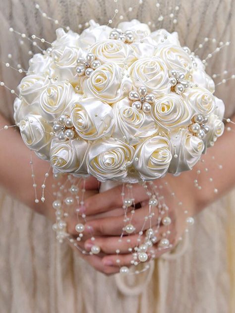 Pearls Wedding Theme, Bouquet For Bride, Elegant Wedding Bouquets, Simple Wedding Bouquets, Bridal Wedding Bouquet, Rose Bridal Bouquet, White Wedding Bouquets, Artificial Flower Bouquet, Satin Roses