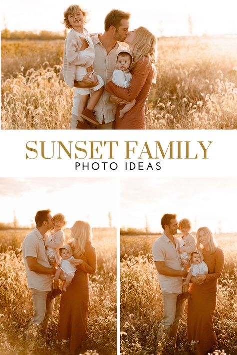 Best Family Picture Poses, Family Sunset Pictures, Family Photos At Home Outside, Summer Photoshoot Ideas Family Of 4, Family Photo With Baby And Toddler, Summer Golden Hour Family Photos, Family Photo Ideas Summer, Fall Family Photos Toddler And Baby, Family Of 4 With Baby Photography