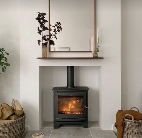 Scandi Fireplace Ideas, Scandi Fireplace, Woodburning Fireplace, Wood Burner Fireplace, Wood Burning Stoves Living Room, Walnut Shelf, Log Burner Living Room, Log Burner Fireplace, Stove Installation