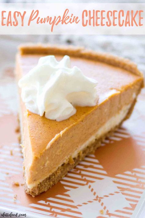 This homemade Pumpkin Cheesecake Recipe is gluten-free! A layer of vanilla cheesecake, a layer of spiced pumpkin cheesecake, and a pinch of whipped cream make this super simple pumpkin cheesecake! It’s a holiday dessert favorite around here! Easy Pumpkin Cheesecake, Will Cook For Smiles, Pumpkin Cheesecake Bars, No Bake Pumpkin Cheesecake, Pumpkin Pie Cheesecake, Easy Gluten Free Desserts, Pumpkin Cheesecake Recipes, Pie Cheesecake, Cheesecake Pie