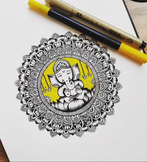 Ganesh Drawing Mandala, Easy God Mandala Art, Mandala Ganpati Drawing, Mandala Ganesha Art, Ganesh Ji Mandala Art, Ganesha Drawing Mandala, Ganesh Drawing Simple, New Year Mandala Art, God Mandala Art