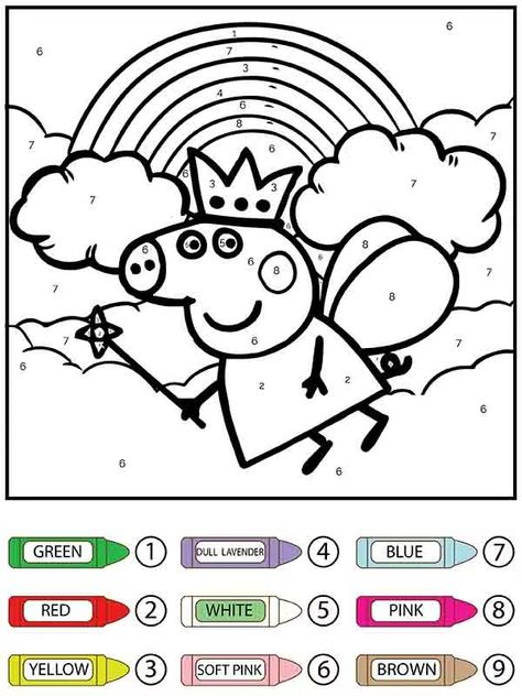 Flying Queen Peppa Pig Color by Number coloring page Pig Coloring Pages, Color By Number Coloring Pages, Peppa Pig Dress, Peppa Pig Cartoon, Number Coloring Pages, Peppa Pig Colouring, Peppa Pig Coloring Pages, Anime Places, Dragon Toys