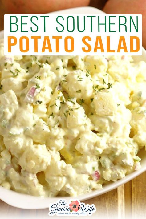 A classic Southern Potato Salad that will be the best you ever had. Creamy and tangy and made with simple ingredients. I know! A comfort food, soul food, southern food lover. NOT even liking potato salad. But it’s true. That is, until I found this Best Southern Potato Salad recipe that turns every potato salad naysayer into a believer, guaranteed. This potato salad is creamy, tangy, and flavorful with just a little kick of spicy. | @thegraciouswife #memorialdaypotatosalad #easysummersidedi Southern Potato Salad Recipe, Sour Cream Potato Salad, American Potato Salad, Summer Side Dishes Recipes, Southern Style Potato Salad, Potato Salad Dill, Best Potato Salad Recipe, Potatoe Salad, Southern Potato Salad