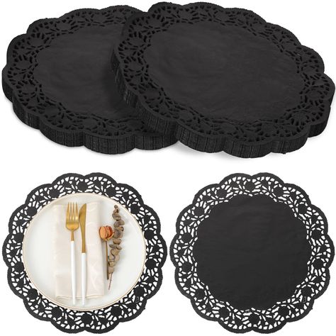 PRICES MAY VARY. What You Can Get: the package comes with 200 pieces of paper doilies for crafts in the size of about 35.5 cm/ 14 inch, sufficient quantities can support your decoration and replacement needs in daily life Sturdy and Safe: our black paper placemats are mainly made of quality paper materials, safe and reliable, strong and sturdy, not easy to fade, tear, wear or break, so you can use for a long time with confidence Wide Applications: these round paper placemats have multi functiona Grad Dinner, Black Party Decorations, Pad Paper, Horror Party, Wedding Tableware, Paper Placemats, Crafts Party, Goth Wedding, Dark Wedding