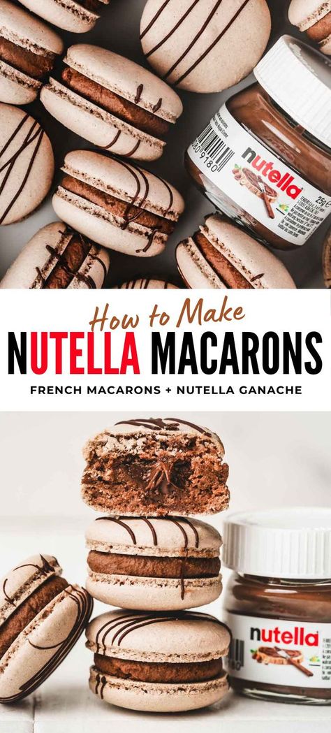 Indulge in the perfect homemade treat with our Nutella Macarons recipe. These delightful French macarons are filled with a rich Nutella ganache and feature a luscious heart of Nutella at their center. Our easy step-by-step guide ensures success for any occasion. Discover the tips and tricks to create these exquisite macarons that are sure to impress your taste buds and your guests. Enjoy a taste of decadence with every bite! Cookies And Cream Macarons Recipe, Pb&j Macarons, Shelf Stable Macaron Filling, Brownie Batter Macarons, How To Make French Macaroons, Nutella Macaron Filling, Macarons With All Purpose Flour, Easy Macaroons Recipe 4 Ingredients, Best Macaroons Recipe