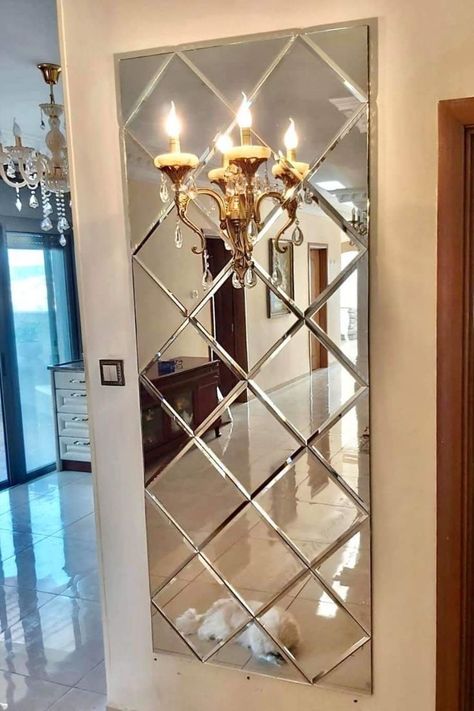 Mirror Wall Decor Entrance, Mirror Wall Decor Living Room Modern, Mirror Wall Design, Wall Mirror Decor Living Room, Mirrors Decor, Glass Wall Design, Mirror Decor Ideas, Mirror Decor Living Room, House Wall Design