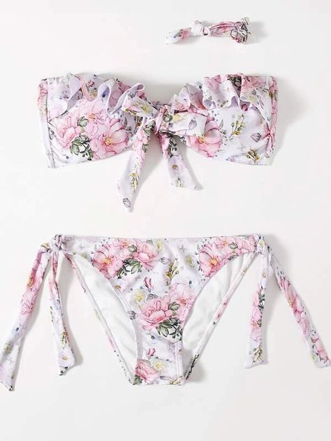 Floral Print Ruffle Trim Bandeau Lingerie Set | SHEIN South Africa Mermaid Summer, Cute Bathing Suits, Bra Types, Swim Suits, Beachwear For Women, Floral Ruffle, Ruffle Trim, Women Swimsuits, Lingerie Set