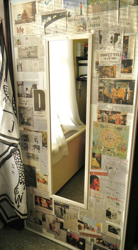 small space decoration - newspaper collage on wall. LOVE THIS!!! SO doing this in my room :D Dorm Pictures, Dorm Room Doors, Newspaper Collage, Room Door Decorations, Newspaper Wall, Teen Wall Art, Trendy Bedroom, Room Makeover Bedroom, Bedroom Doors