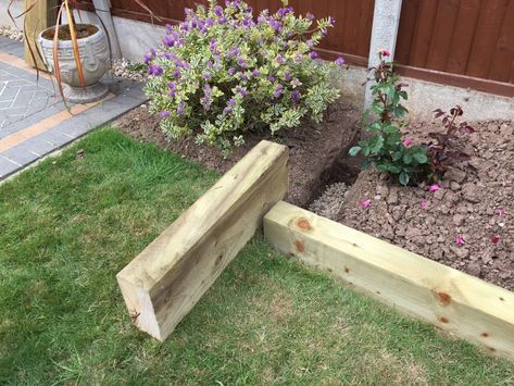 Raised bed from new pine railway sleepers Sleeper Raised Beds, Seaside Gardens, Sleepers In Garden, Raised Planters, Backyard Garden Beds, Garden Landscaping Diy, St Dominic, Raised Bed Garden Design, Tree Borders