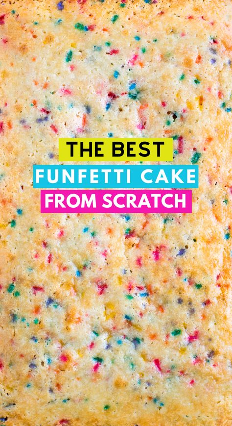 This fluffy and moist homemade Funfetti Cake is easy to make in a 9x13 inch pan! This white confetti cake is full of sprinkles and topped with funfetti vanilla frosting. Learn how to make birthday funfetti cake from scratch with our tips. #funfetticake #confetticake #funfetti Funfetti Cake From Scratch, Best Funfetti Cake, Funfetti Sheet Cake, Homemade Funfetti Cake, Confetti Cake Recipes, Easy Birthday Cake Recipes, Cookies Summer, Cake From Scratch, Cookies Birthday