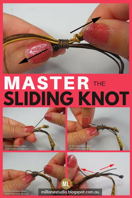 Master the sliding knot with this step-by-step tutorial. Sliding knots are great for finishing leather bracelets without the need for a clasp. And because they're adjustable, you can easily put them on yourself and size them to fit your wrist. #MillLaneStudio #slidingknot #howtotieslidingknots #basicknots #adjustablebracelet #leatherbracelet Tightening Bracelet Knot, Pull Knot Bracelet, Macrame Bracelet Ending Sliding Knot, Macrame Bracelet Clasp, Ending A Bracelet, How To Make The End Of A Bracelet, Adjustable Leather Bracelet Diy, How To End A Bracelet Sliding Knot, Diy Bracelet Clasp