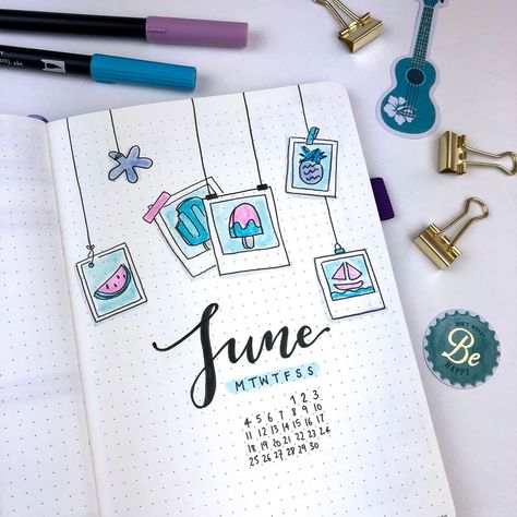 All set up in my bullet journal for June! I knew I wanted the theme to be related to summer. So, in the end I decided to go with a… Bolt Journal, Minimalist Bullet Journal, Bullet Journal Month, Bullet Journal Page, Bullet Journal Planner, Bullet Journal 2019, Diary Ideas, Bullet Journal Themes, Bullet Journal Art