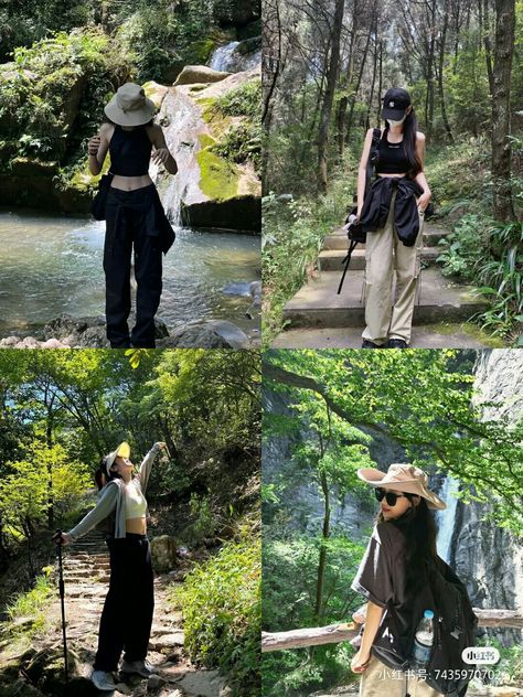 Trekking Poses Women, Women Trekking Outfit, Aesthetic Travelling Outfits, Travel Outfit Mountain, Trekking Aesthetic Outfit, Poses In Mountain Women, Trekking Outfit Ideas, Camping Clothes Aesthetic, Hiking Looks For Women