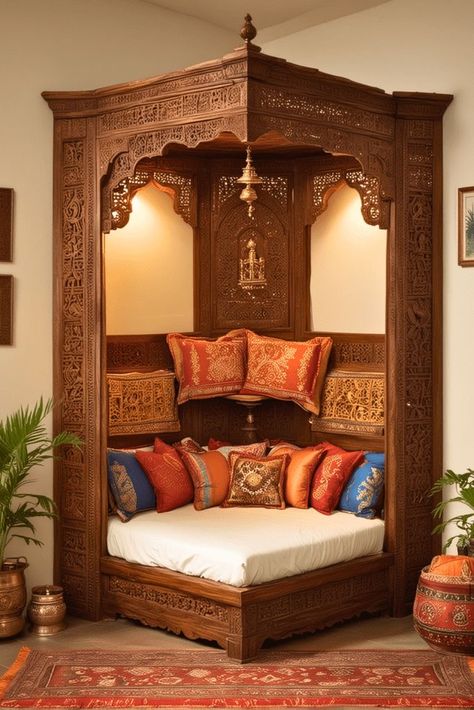 Bedroom Aesthetic Furniture, Royal House Design Interior, Indian Royal Bedroom Design, Indian Decor Aesthetic, Indian Decoration Ideas House, House Interior Decor Indian, Indian Traditional Decor, Jaipur Bedroom, Bedroom Ideas Royal