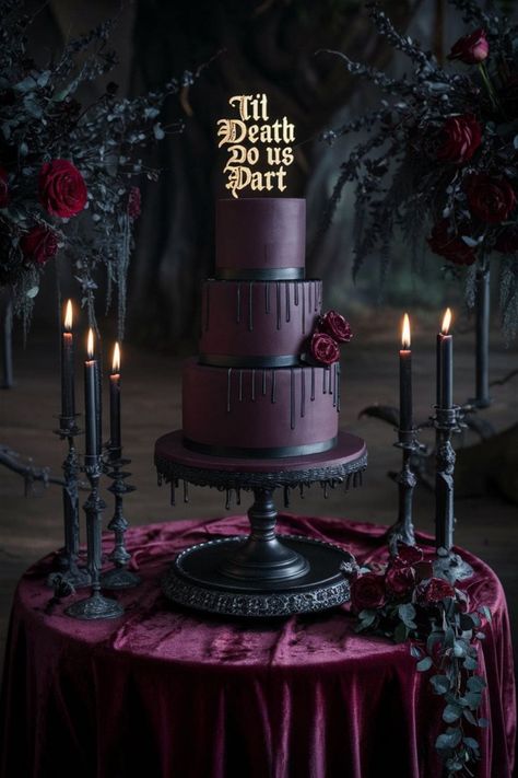 Explore dark wedding ideas that will add an eerie elegance to your big day. Learn how to craft unique gothic decor with easy-to-follow tips. Elegant Goth Wedding Cake, Simple Gothic Wedding Ideas, Black Wedding Tablescape, Dark Wedding Diy, Halloween Wedding Ideas Purple And Black, Simple Goth Wedding Cake, Gothic Wedding Ideas Decor, Gothic Christmas Wedding, Gothic Nature Wedding