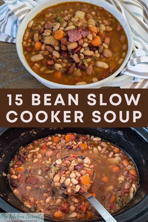 This delicious 15 Bean Slow Cooker Soup recipe is easy to put together, packed with veggies, and slow cooks to perfection in only 6 hours! 15 Bean Crockpot Soup, Crock Pot Bean Soup Recipes, Bean Soup Crockpot Easy, 15 Bean Soup Recipe Crock Pots, Crock Pot Bean Recipes, 15 Bean Soup With Ham Hocks, 12 Bean Soup Recipes Crock Pot, 9 Bean Soup Recipe Crock Pots, Pot Of Beans Slow Cooker