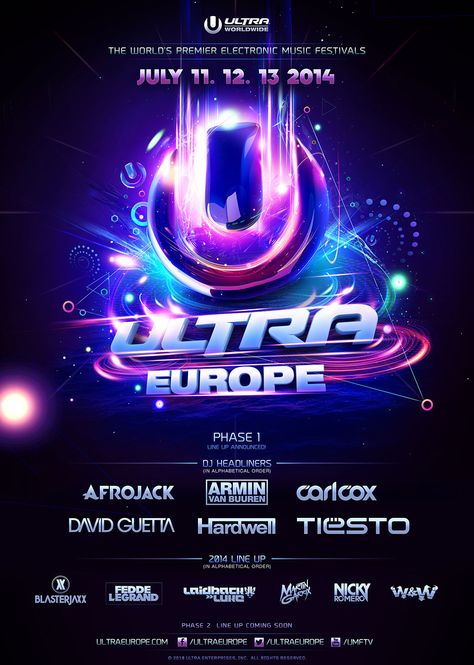 This is a music festival poster for the music festival called Ultra Europe and is advertising  the music festival and shows all of the different bands or artist that will be at the event and will let people know if their favourite bands or artist will be at that event. Ultra Europe, Music Festival Logos, Inmobiliaria Ideas, Concert Poster Design, Electronic Music Festival, Festival Logo, Festival Flyer, Music Festival Poster, Ultra Music Festival