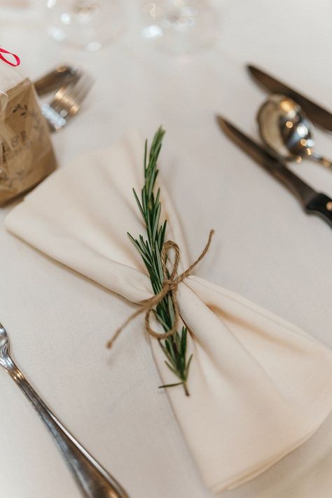 Aswanley Wedding Beth Sutton Photography Rosemary Twine Napkin #wedding #placesetting Napkins On Wedding Table, Napkin Styles Wedding, Napkin Setting Ideas, Napkins Folding Ideas Wedding, Tied Napkins Place Settings, Table Setting Napkin Ideas, Winter Wedding Napkin Ideas, Rosemary Table Setting, Wedding Table Green Napkins