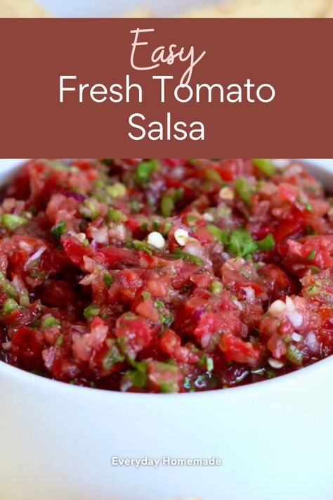 Upgrade your taco night with this Easy Fresh Tomato Salsa recipe! Made with garden-fresh tomatoes, this quick and healthy salsa is perfect for your taco bar party or as a tasty summer snack. Enjoy the fresh, homemade flavors in just minutes with this simple and delicious fresh salsa recipe! Homemade Salsa With Fresh Tomatoes And Jalapenos, Quick Salsa Recipe Fresh Tomatoes, Salsa Using Fresh Tomatoes, Fresh Mexican Salsa Recipe, Fresh Tomatoes Salsa Recipe, Thick Salsa Recipe With Fresh Tomatoes, Homemade Tomato Salsa Recipe, Making Salsa With Fresh Tomatoes, Simple Salsa Recipe With Fresh Tomatoes